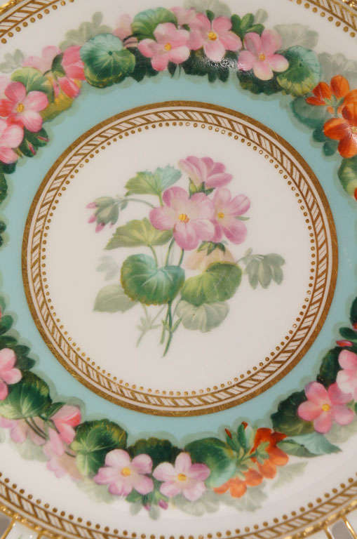 Set of 10 Hand Painted Botanical Pierced Cabinet Plates For Sale 1
