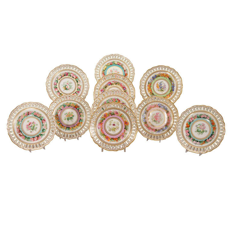 Set of 10 Hand Painted Botanical Pierced Cabinet Plates For Sale