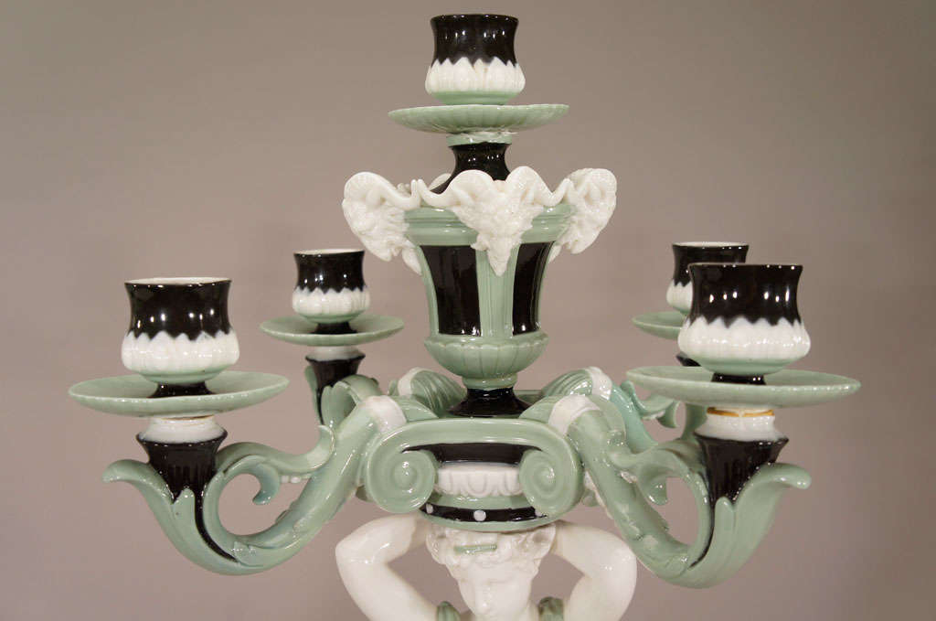 Pair of Minton 19th c. Monumental 5 Light Porcelain Candelabra In Excellent Condition For Sale In Great Barrington, MA