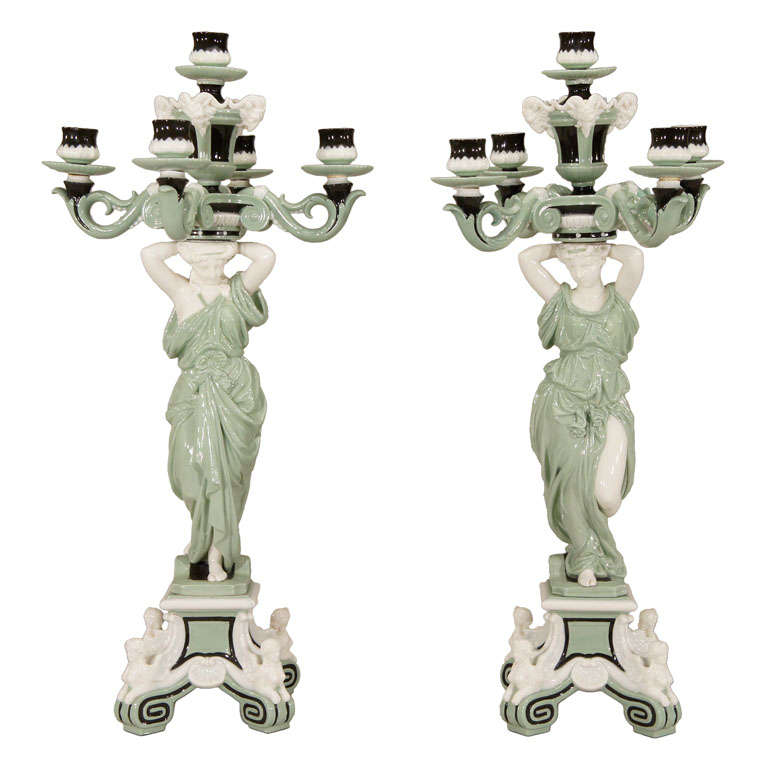 Pair of Minton 19th c. Monumental 5 Light Porcelain Candelabra For Sale