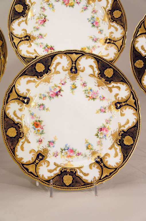 English Set of 12 Cauldon Hand Painted Dessert Plates W/ Raised Gold