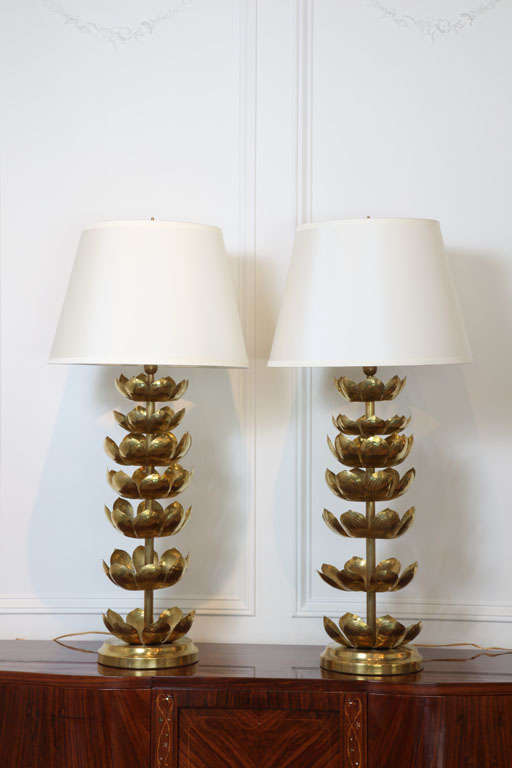 Pair of brass lotus leaf table lamps. The shade diameter is 19