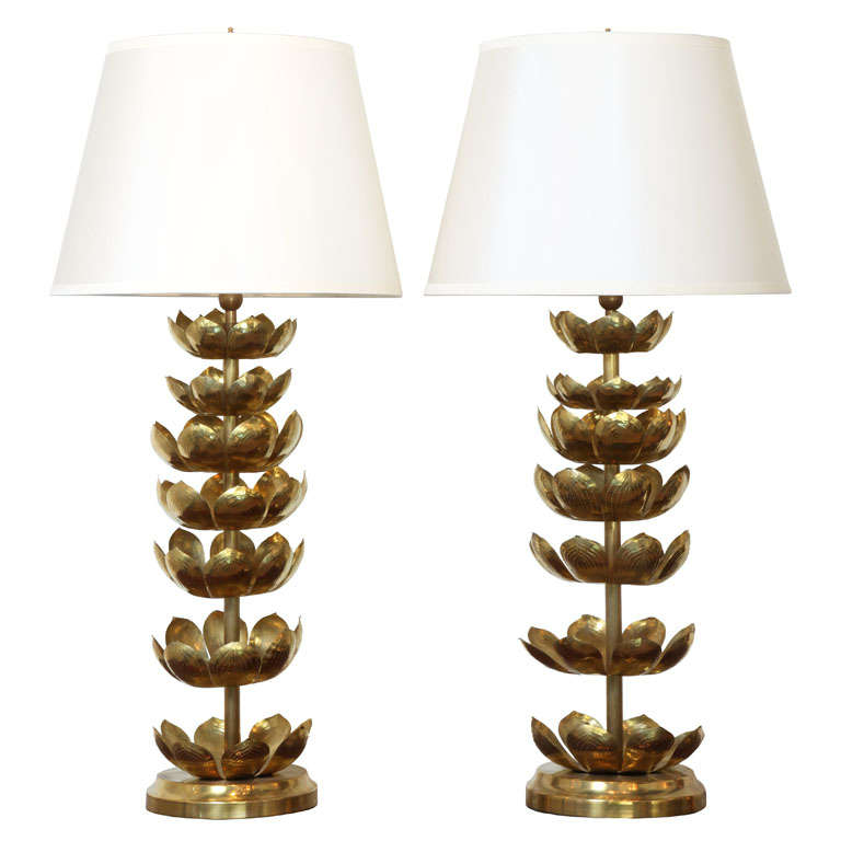 Pair Of Brass Lotus Leaf Table Lamps