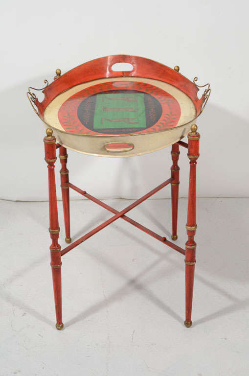 Fantastic Tole Tray and stand with Roman figures and gilt accents.