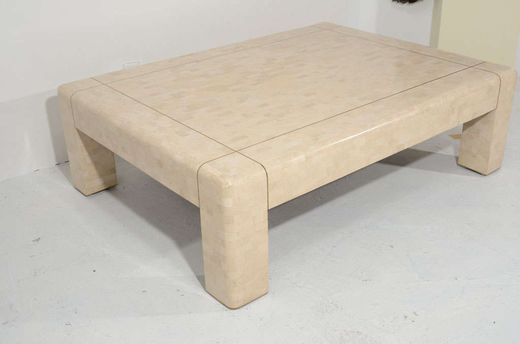 Polished Coral Coffee Table with Brass Inlay by Karl Springer