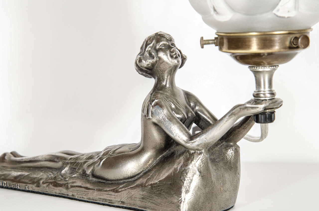 American Exquisite Art Deco Silvered Uplight in the Form of a Laying Lady
