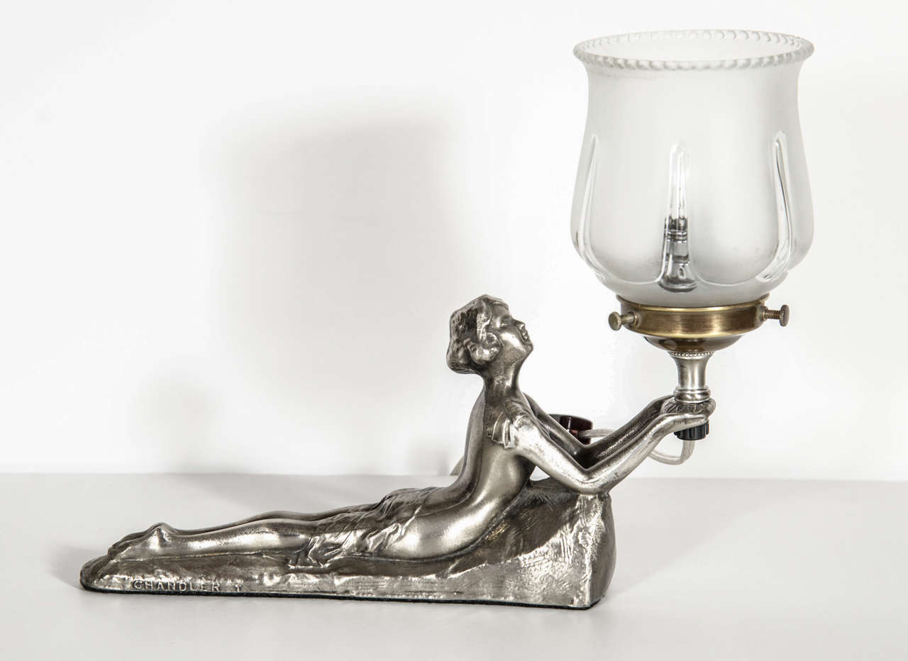 Exquisite Art Deco Silvered Uplight in the Form of a Laying Lady In Excellent Condition In New York, NY