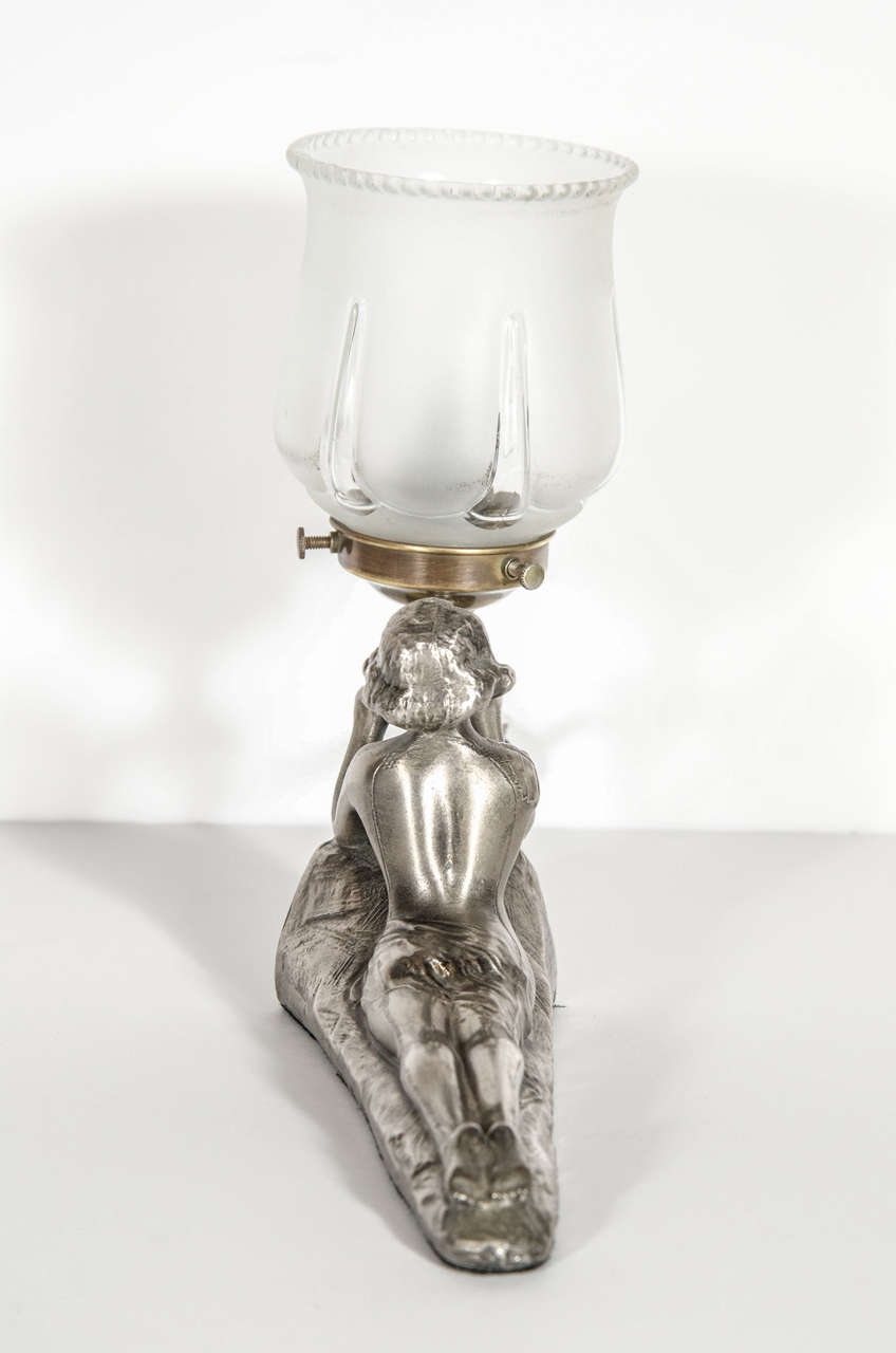 Exquisite Art Deco Silvered Uplight in the Form of a Laying Lady 2