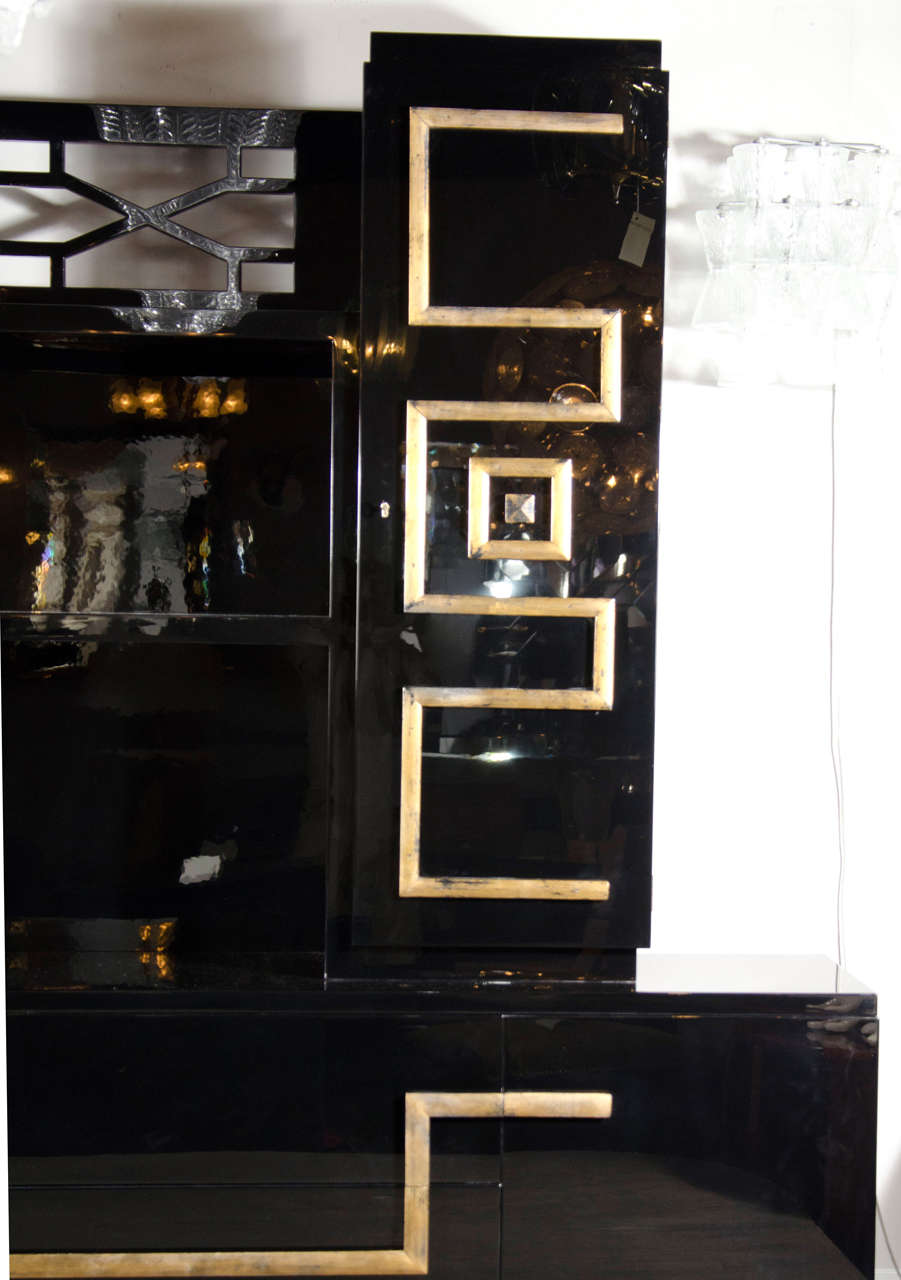 Mid-Century Modern Important and Stunning Custom Cabinet in Black Lacquer & Gilt by James Mont 