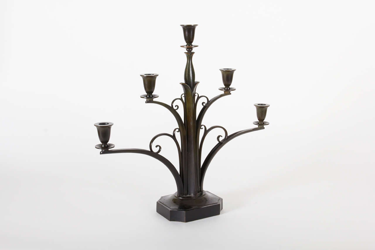 Cast Just Andersen, Denmark Pair of Five-Branch Art Deco Candelabra, circa 1925 For Sale