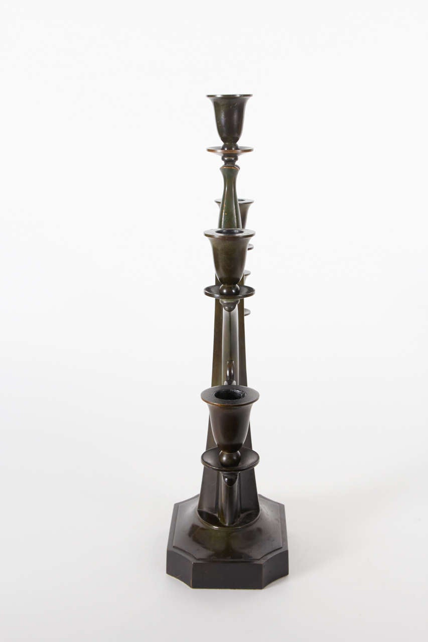 Just Andersen, Denmark Pair of Five-Branch Art Deco Candelabra, circa 1925 In Excellent Condition For Sale In New York, NY