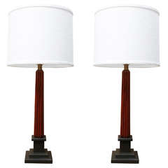 Pair of Belgian Mahogany Column Lamps, Circa 1880