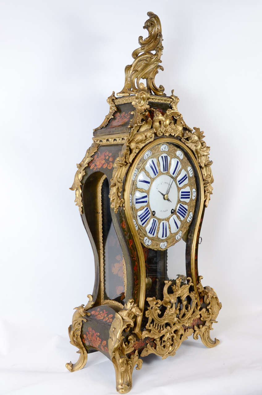 Floral vernis martin.Hunting decors with dogs, pheasant & stag.
The clock maker is Houblin in Paris