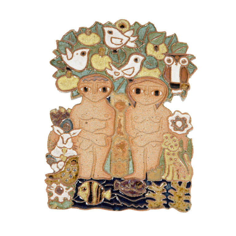 Mid-Century Glazed Ceramic Adam & Eve Relief Wall Sculpture
