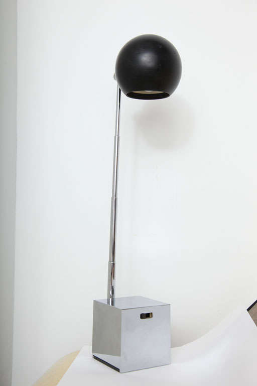 Vintage and all original Lytegem Lamp with spherical black metal shade, complemented by chrome arm and base. Designed by Michael Lax for Lightolier. USA, 1965.<br />
<br />
Also available in all black or with tan shade.<br />
<br />
Named by the