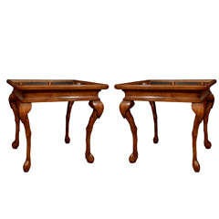 Pair of Camel Leg Walnut Glass Inset Side Tables