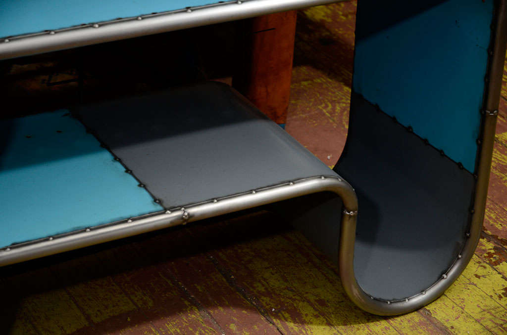 Mid-20th Century American Tubular Blue Steel Shelving Unit For Sale