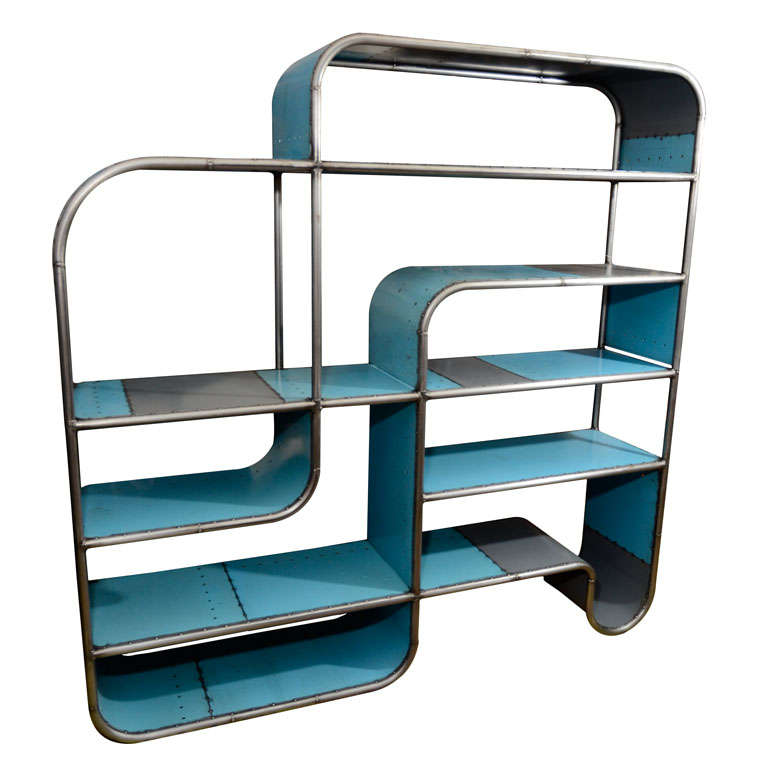American Tubular Blue Steel Shelving Unit For Sale