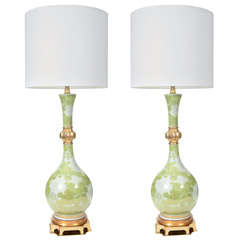 Pair of Green and White Chrysanthemum Porcelain Lamps by Marbro 12
