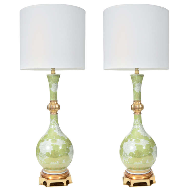 Marbro Green and White Chrysanthemum Porcelain Lamps