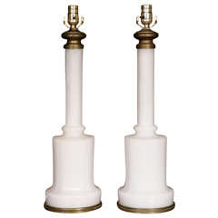 Antique Pair of Mid 19th Century Milk Opaline Glass Lamps