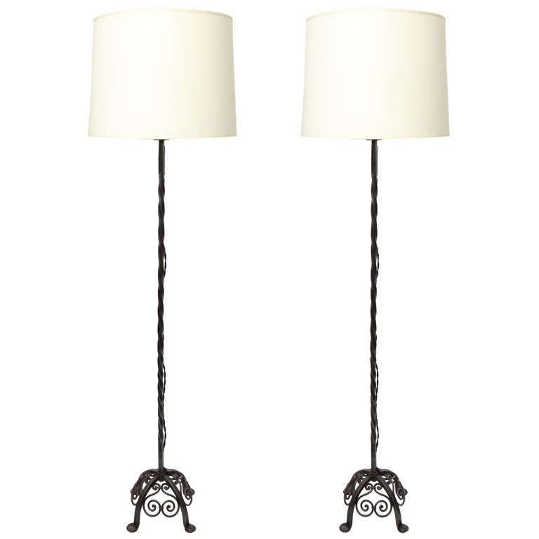  Floor Lamps Pair Art Deco wrought iron France 1920's For Sale