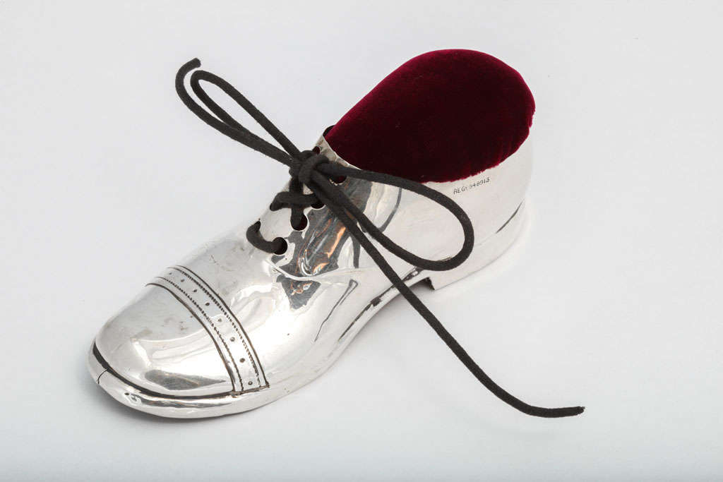 Large, sterling silver, shoe-form pin cushion, Chester, England, 1900. @5