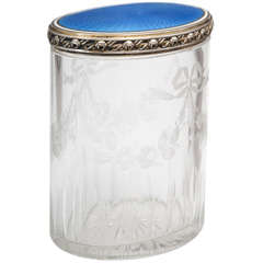 Sterling Silver Blue  Enamel and Etched Crystal Vanity Jar