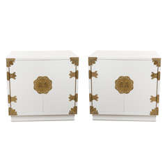 Retro Pair of White Lacquer Side Cabinets with Brass Accents