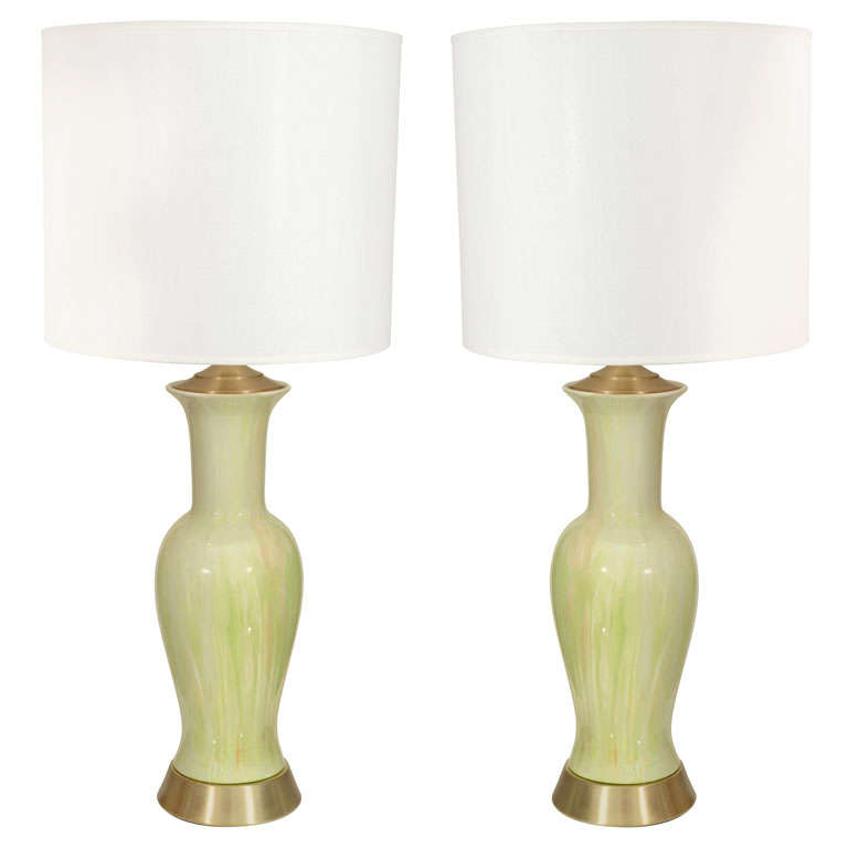 Pair Of Celery Green Murano Glass Lamps