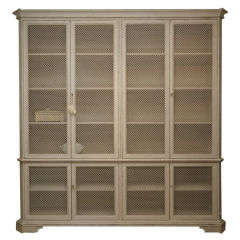 Large Cabinet in Distressed Grey Paint with Wire Mesh Doors
