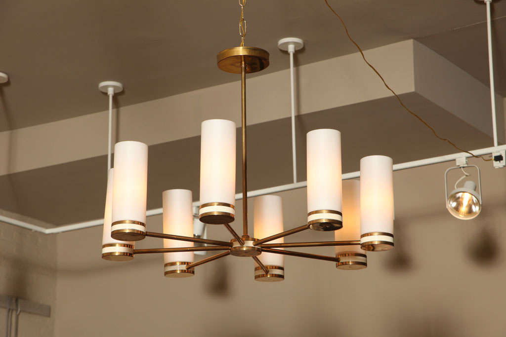 Italian Brass Chandelier w/ White Frosted Cylindrical Glass In Excellent Condition In New York, NY