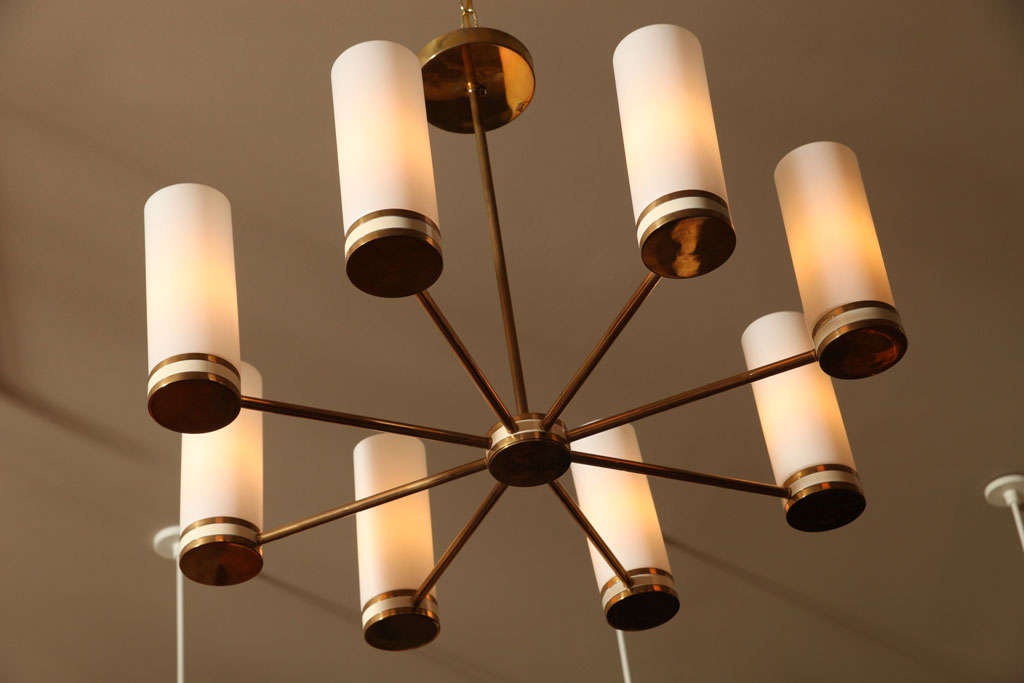 Mid-20th Century Italian Brass Chandelier w/ White Frosted Cylindrical Glass