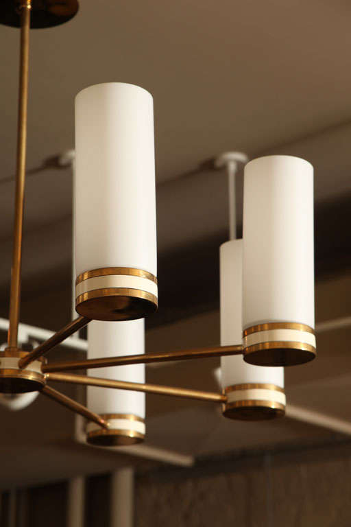 Italian Brass Chandelier w/ White Frosted Cylindrical Glass 2