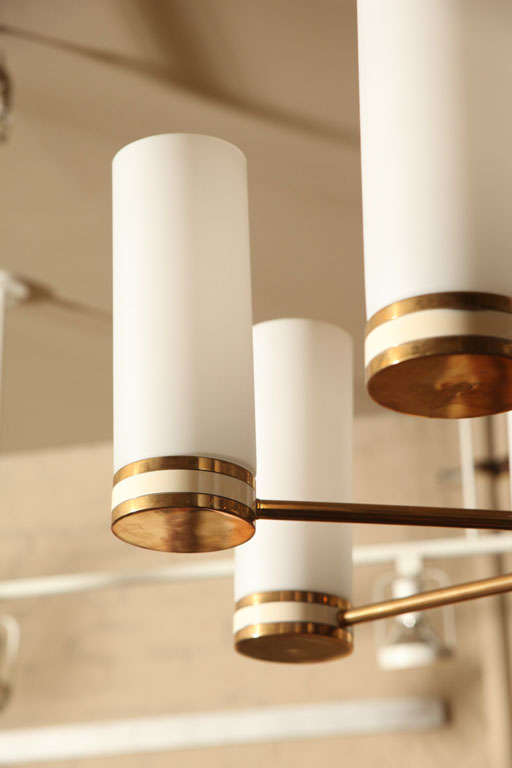 Italian Brass Chandelier w/ White Frosted Cylindrical Glass 4