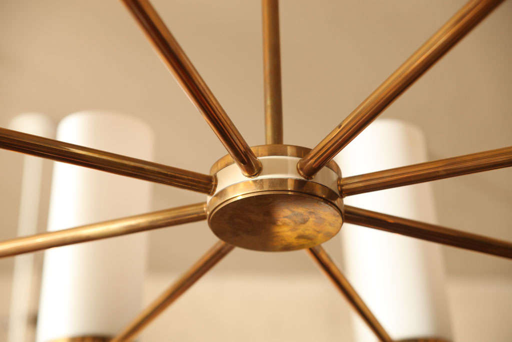 Italian Brass Chandelier w/ White Frosted Cylindrical Glass 5