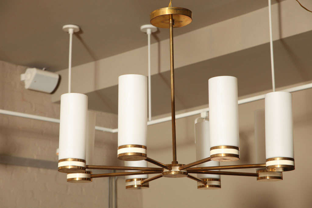Brass eight-arm chandelier with white frosted glas cylinder shades Italian