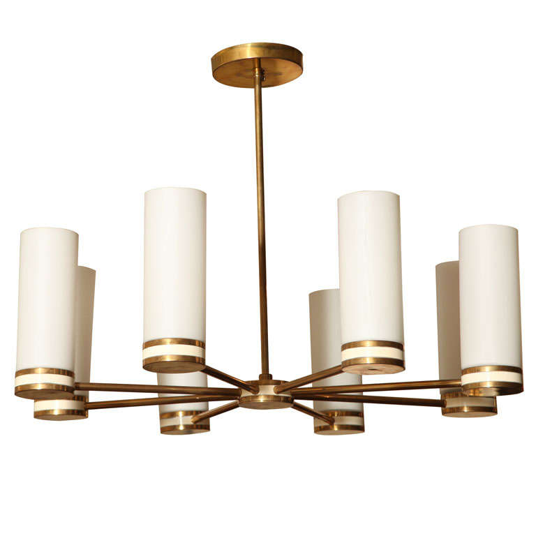 Italian Brass Chandelier w/ White Frosted Cylindrical Glass