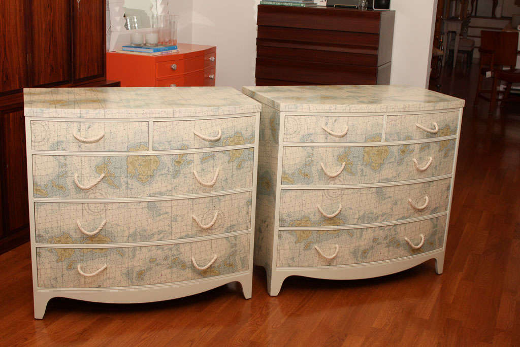Newly laminated chest of drawers covered with maps of Long Island,NY. Soft cream trim color is accented with blue.Hand-made rope handles complete the nautical motif.Maps are perfectly matched on each.