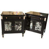 Pair of Ebonized and Mirrored Nightstands Stamped Jansen