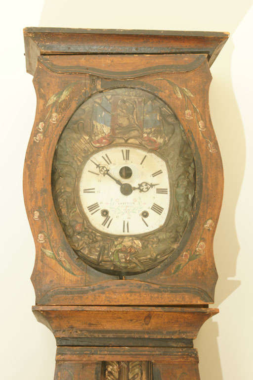 Hand-Painted Mid 19thC. French Provincial Louis XV Style Morbier Case Clock For Sale