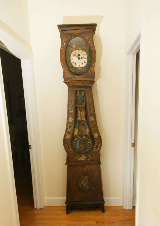Mid-19th century Louis XV painted Morbier Clock with Bronze Dore Pendulum, Face Surround and Hand Painted Porcelain Face