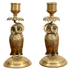 Pair of English Victorian Bronze Owl-Form Candlesticks