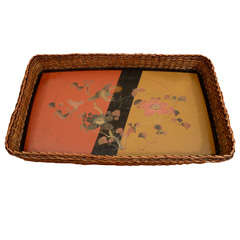Antique Japanese Meiji Lacquered and Wicker Tray