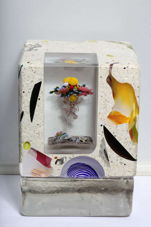 Mayauel Ward and Paul Harrie glass botanical set into a glass and concrete tectonic form, the concrete with glass canes and murrinis