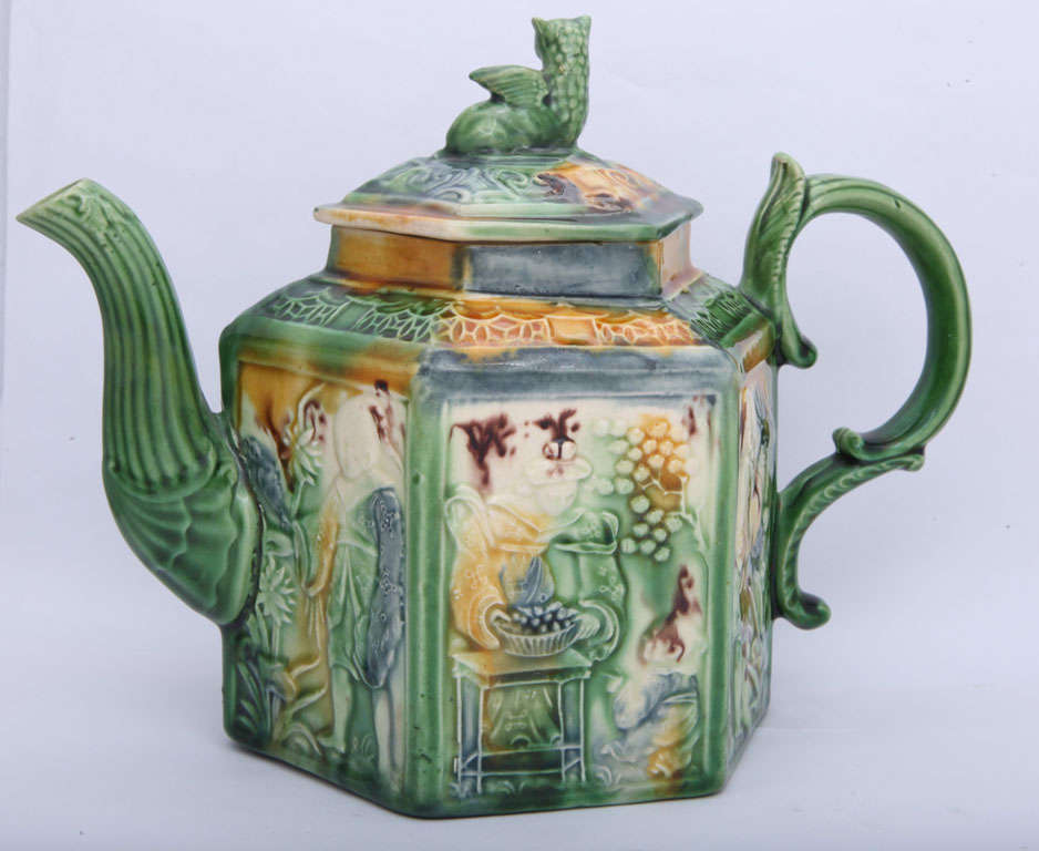 English Rare Whieldon School Hexagonal Teapot With Oriental Figures For Sale
