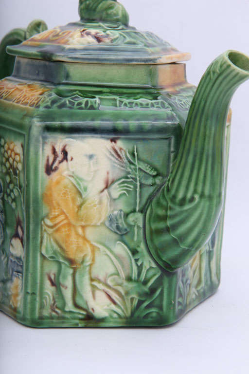 Pottery Rare Whieldon School Hexagonal Teapot With Oriental Figures For Sale