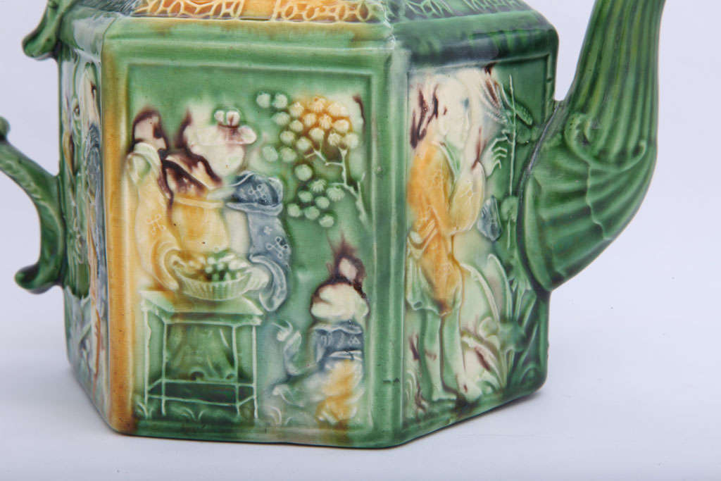 Rare Whieldon School Hexagonal Teapot With Oriental Figures For Sale 2
