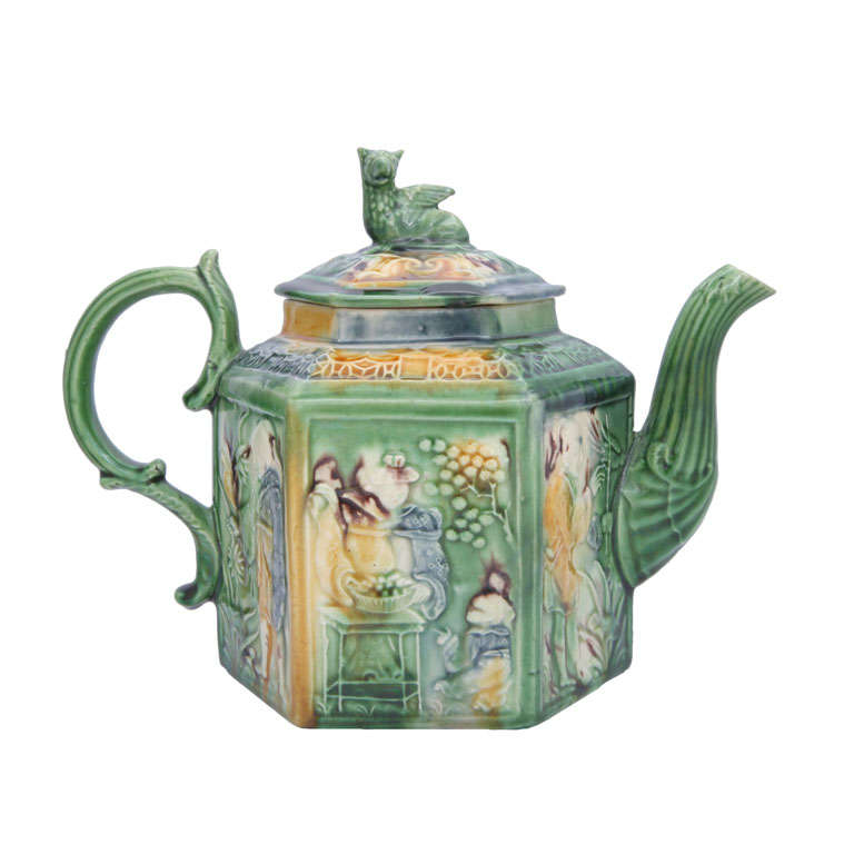 Rare Whieldon School Hexagonal Teapot With Oriental Figures For Sale