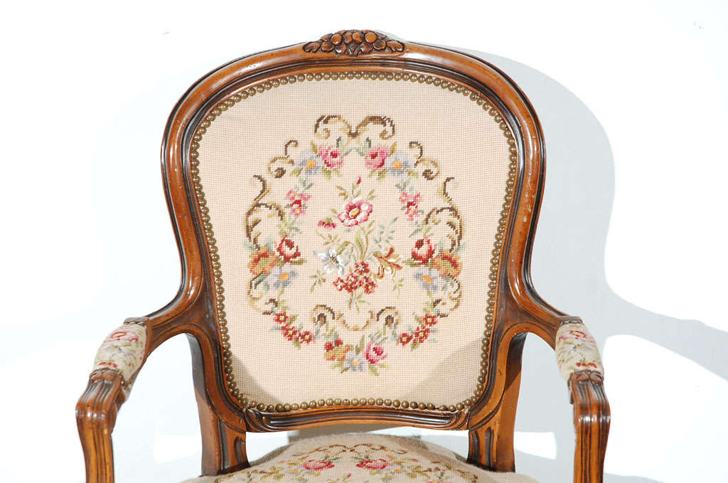 Needlepoint Pair of  Louis XV French Provencial Style open Armchairs